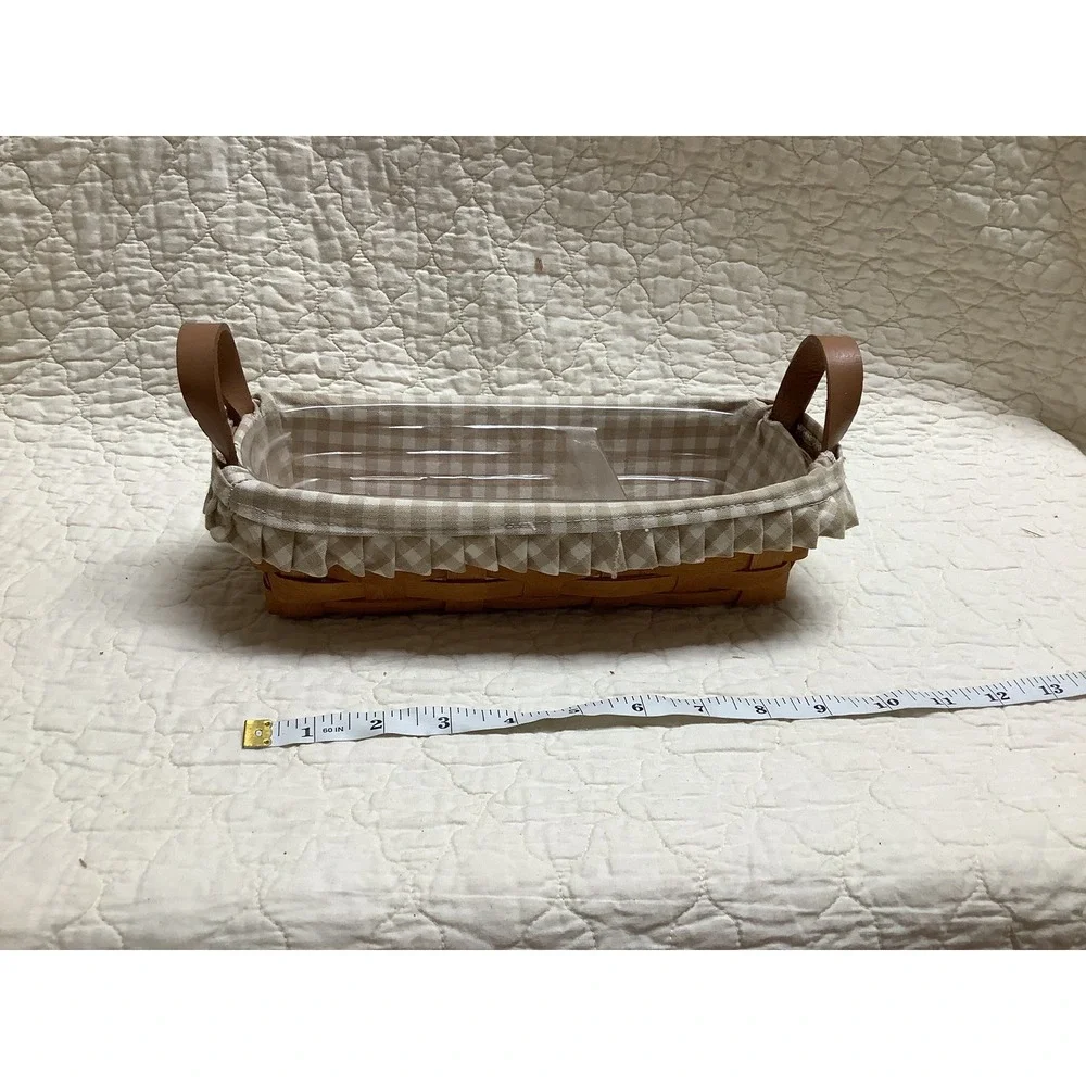Longaberger Woven Basket with Gingham Liner Plastic Protector Leather Handles